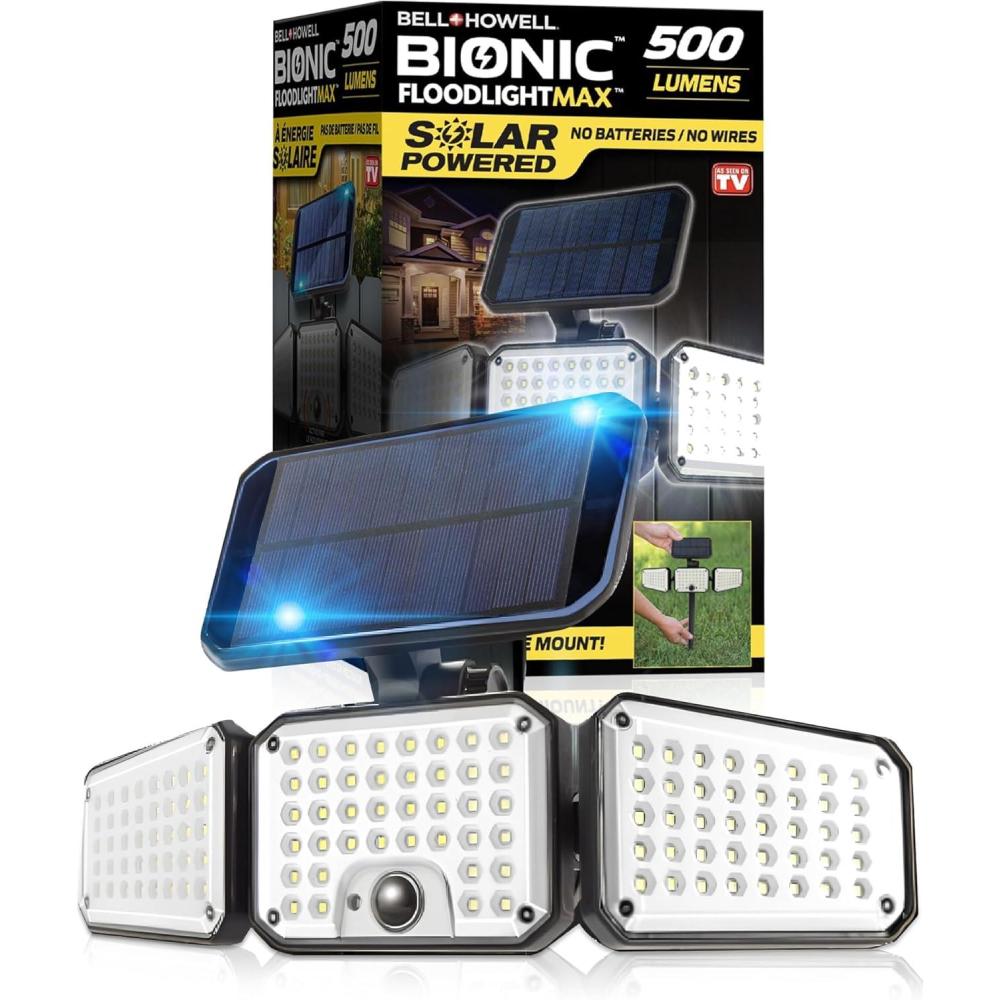 image:imageBellHowell Bionic Flood Light AS SEEN ON TV 500 Lumen Deluxe Version Bionic Floodlight LED Solar Flood Lights Outdoor Motion Sensor Waterproof Solar Security Lights with 360 3 Panel Design