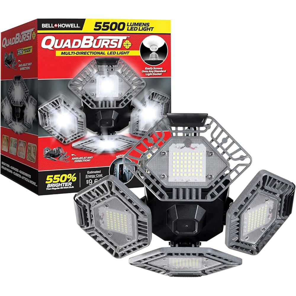 image:imageBellHowell QUADBURST LED Ceiling Light Bulbs 80W 5500 Lumens  4 Aluminum Deformable Panels LED Shop Light Fixture for Indoor Bedroom Garage Lights Home Improvement E26  E27 Socket Gray
