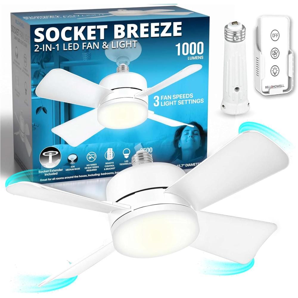 image:imageBellHowell Socket Breeze Socket Fan Light with Remote Portable Small Ceiling Fans with Lights for Bedroom Kitchen Living Room Ceiling Fan with Light 3500K 1000 Lumens Screws into E26E27White