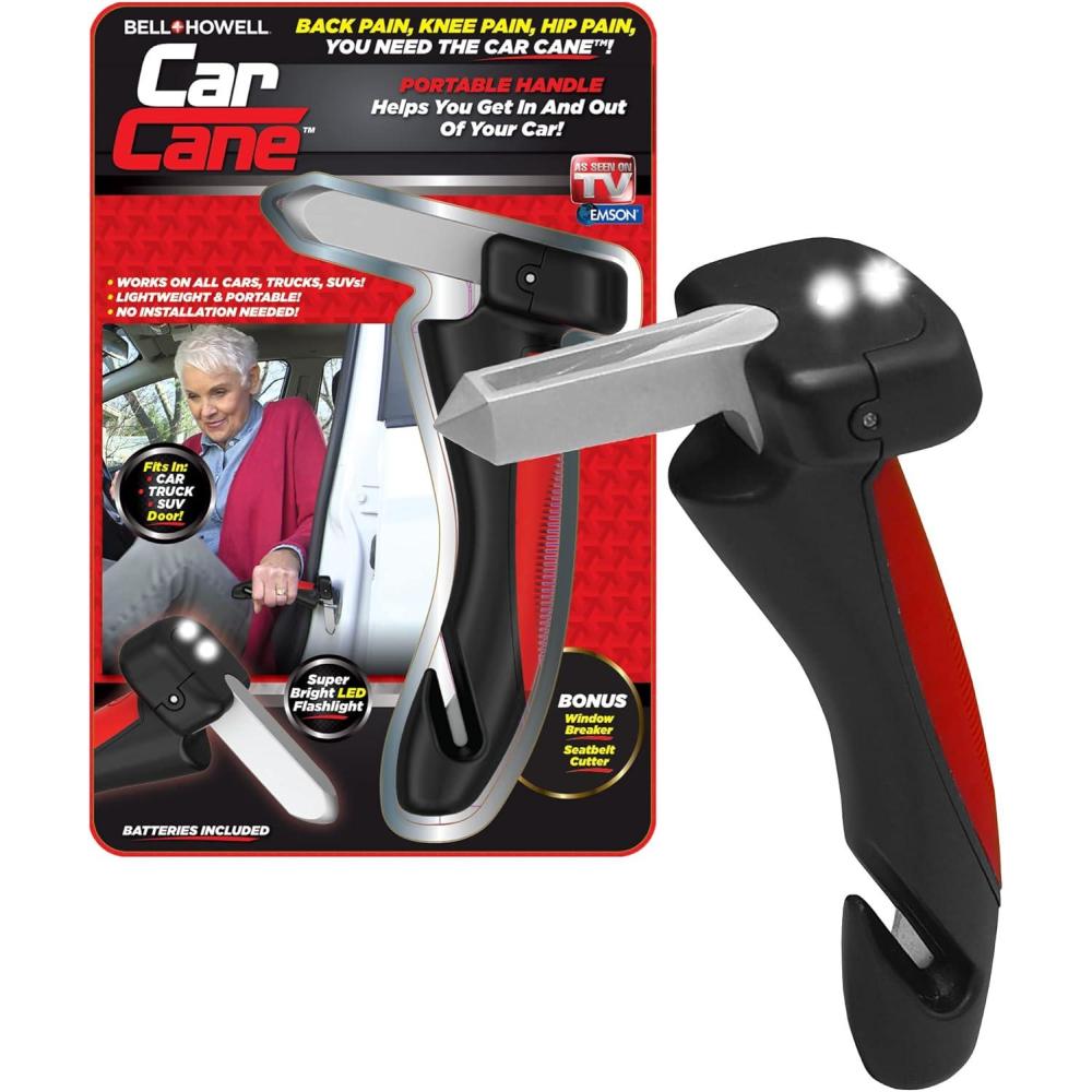 image:imageEmson Car Cane AllinOne Car Cane Door Handle and Mobility Aid with Built in LED Flashlight Window Breaker Seatbelt Cutter Car Handle Assist for Elderly and Car Emergency Tool Batteries IncludedOriginal 1 Pk