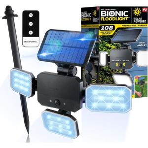 Bell+Howell Bionic Flood Light ASON TV, Solar Lights Outdoor Waterproof- 50% Brighter 108 COB-LED’s w/Motion Sensor 180° Swivel, Adjustable Panels for Garden, Lawn and Patio As Seen On TV(1 Pack)