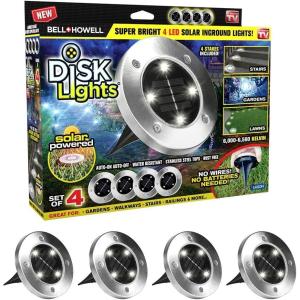 Bell+Howell Disk Lights Solar Ground Lights -Wireless Auto On/Off Solar Pathway Garden Outdoor Lighting with 4 LED Bulbs for Lawn, Patio, Garden, Yard, Pathways Waterproof, 4 Packs, As Seen On TV(Silver)