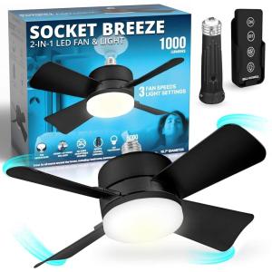 Bell+Howell Socket Breeze Socket Fan Light with Remote, Portable Small Ceiling Fans with Lights for Bedroom, Kitchen, Living Room, Ceiling Fan with Light 3500K, 1000 Lumens, Screws into E26/E27(Black)