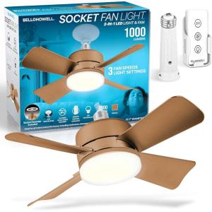 Bell+Howell Socket Breeze Socket Fan Light with Remote, Portable Small Ceiling Fans with Lights for Bedroom, Kitchen, Living Room, Ceiling Fan with Light 3500K, 1000 Lumens, Screws into E26/E27(Bronze)