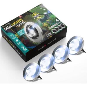 Bell+Howell Swivel Disk Lights Deluxe Set of 4 Inground Solar Lights with 8 LED Bulbs Solar Power Outdoor Lights for Yard, Garden and Lawn – Wireless, Stakes Included – As Seen On TV(4 Disks (1 Pack of 4))